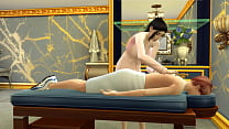 Asian step-aunt gives an erotic massage to her step-nephew